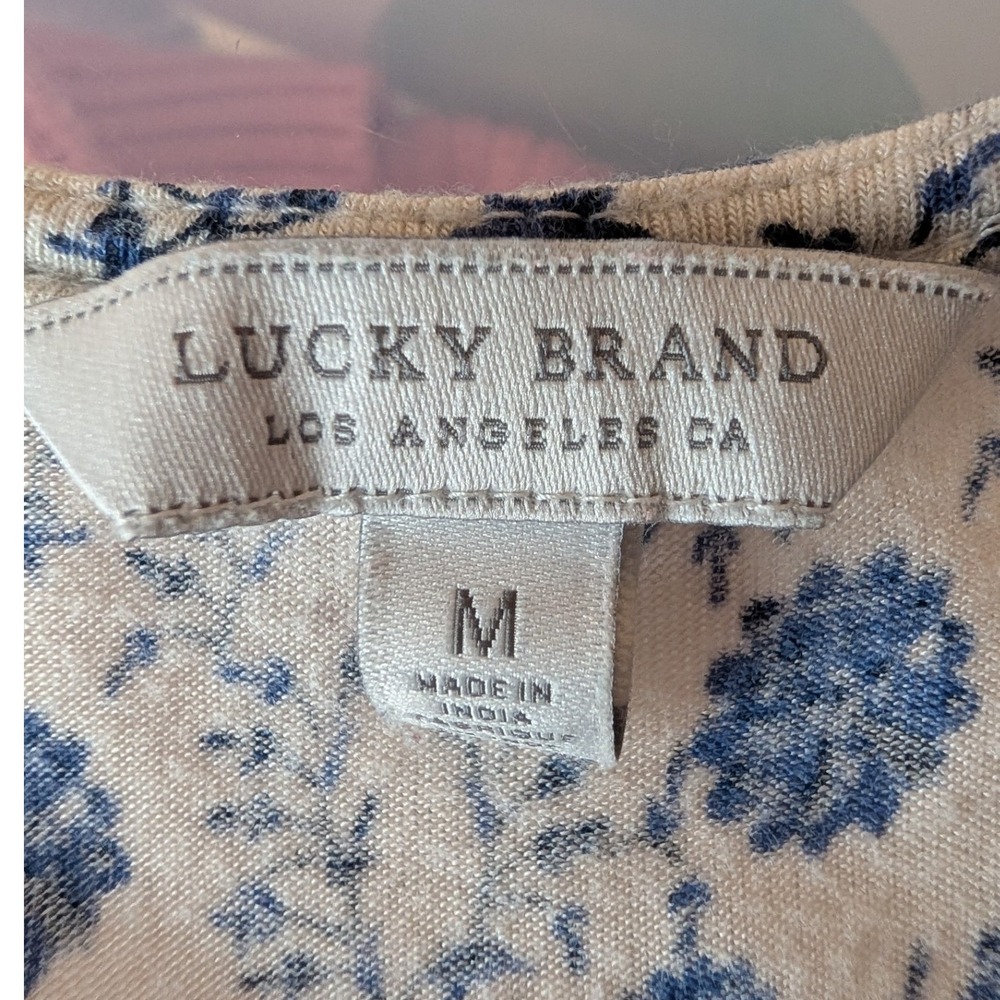 Lucky Brand Border Print Wrap Midi Dress M Blue Floral Boho Chic Cottage Prairie - Picture 8 of 16